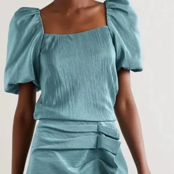 JONATHAN SIMKHAI Ruby Metallic Pliss-satin Square Neck Puff Sleeve Blouse  Top Women